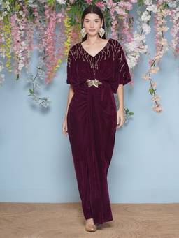 Jhambthread - Women Wine Hand Embellished Velvet Gown with Belt