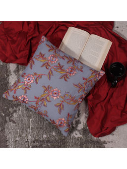Khaabka - Guldasta Floral Embroidered Linen Cushion Cover (Grey, Pack of 2) (16x16 Inches)
