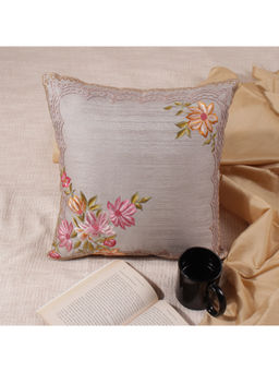 Khaabka - Silkroute Jaquard Floral Embroidered Cushion Cover (Light Grey, Pack of 2) (16x16 Inches)