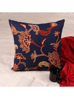 Khaabka - Guldasta Linen Floral Embroidered Cushion Cover (Navy Blue, Pack of 2) (16x16 Inches)