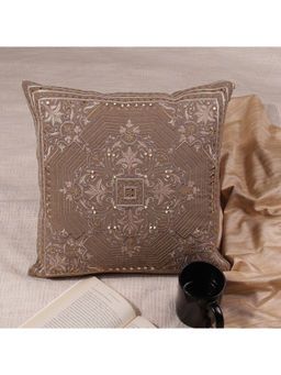 Khaabka - Banjara Ornamental Embroidered Linen Cushion Cover (Khaki, Pack of 2) (16x16 Inches)