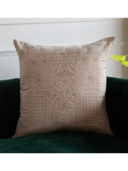 Khaabka - Dilkash Satin Silk Quilted Embroidered Cushion Cover (Cream, Pack of 2) (16x16 Inches)