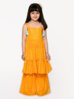 SAKA DESIGNS - Orange Foil Printed Sharara Kurta Set With Tassels