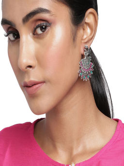 Accessher - Oxidized Silver-Plated Pink-Green Studded Filigree Drop Earrings For Women And Girls