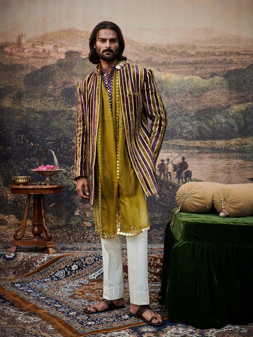 ITRH Varn-Harit Olive and Purple Makhmal Jacket Kurta and Pant with Stole (Set of 4)
