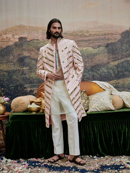 ITRH - Pink Zehra Mirror Work Sherwani with Pant (Set of 2)