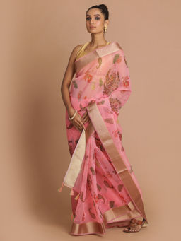 Indethnic - Banarasi Pink Printed Party Wear Saree With Unstitched Blouse