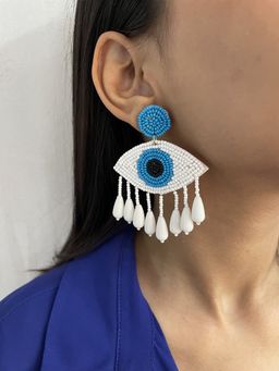 ISHKAARA - White Artificial Beaded Evil Eye Drop Earrings