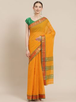 ISHIN - Womens Cotton Blend Mustard Solid Woven Saree with Unstitched Blouse