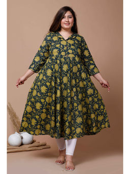 Miravan - Women Plus Size Navy Blue Floral Printed Anarkali Kurta