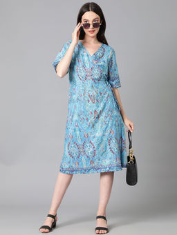 KOTTY - Women Polyester Printed Fit and Flared Blue Dress