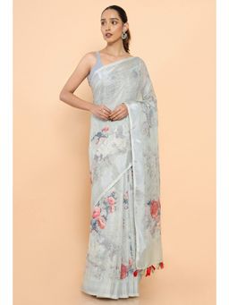 Soch - Women Grey Linen Floral Saree with Unstitched Blouse