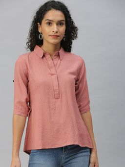 SHOWOFFFF - Women Slim Fit Roll-Up Sleeves Nude Solid Shirt