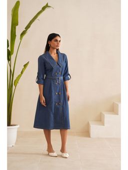 MIDORI BY SGV - Women Denim Long Collar Shirt Dress with Belt - Blue