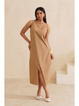 MIDORI BY SGV - Women Sleeveless Cotton Front Slit Dress - Brown