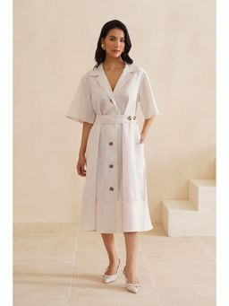 MIDORI BY SGV - Women Linen Midi Shirt Dress with Belt - Off White