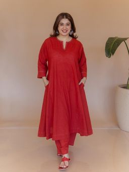 The Indian Ethnic Co. - Nyra Red Solid Slub Cotton Jhabbha Kali Kurta with Hand Embroidery