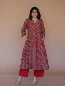The Indian Ethnic Co. - Malika Red Bagru Cotton Kali Kurta