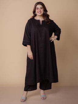 The Indian Ethnic Co. - Nyra Black Solid Slub Cotton Jhabbha Kali Kurta with Hand Embroidery