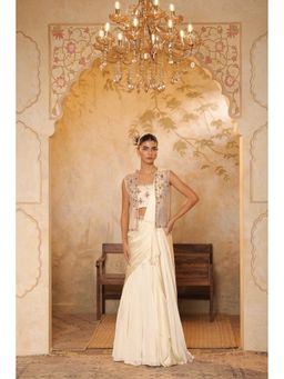 Sunanta Madaan - Ivory Georgette Saree With Embroidered Cape and Stitched Blouse