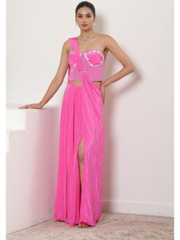 Sunanta Madaan - Hot Pink Hand Embroidered Crepe Saree with Stitched Blouse