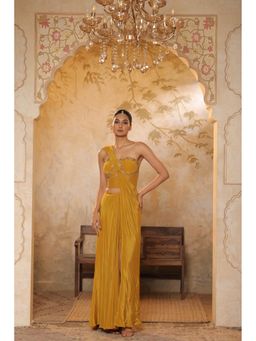 Sunanta Madaan - Golden Yellow Crepe Embroidered Saree with Stitched Blouse