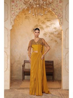 Sunanta Madaan - Golden Yellow Crepe Saree with Designer Cape and Stitched Blouse