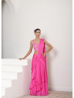 Sunanta Madaan - Pink Satin Organza Saree with Stitched Blouse