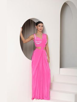 Sunanta Madaan - Pink Crepe Embroidered Saree with Stitched Blouse