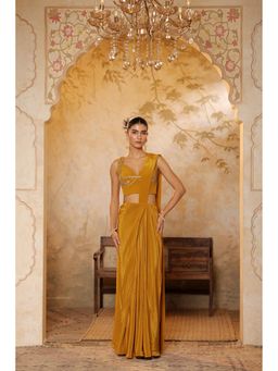 Sunanta Madaan - Golden Yellow Crepe Embroidered Saree with Stitched Blouse