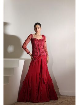 Sunanta Madaan - Burgundy Raw Silk and Crepe Embroider Corset Saree with Stitched Blouse