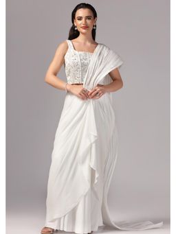 Sunanta Madaan - White Indo Western Designer Saree with Stitched Blouse