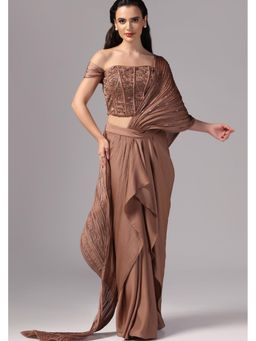 Sunanta Madaan - Brown Indo Western Designer Saree with Stitched Blouse