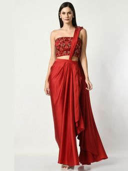 Sunanta Madaan - Bisbee Red Indo-Western Saree with Stitched Blouse