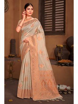 Sangam Prints - Grey Cotton Woven Zari Work Traditional Tassel Saree with Unstitched Blouse