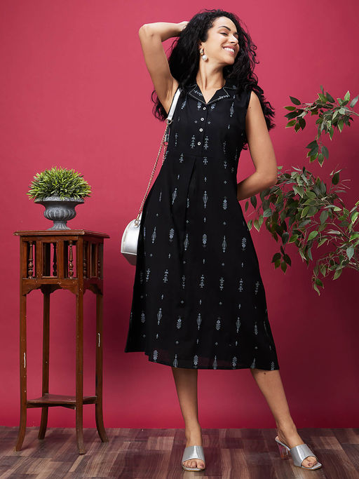 Buy Globus Women Black Ethic Motif Printed Cuban Collar A-Line Midi Dress Online Buy Globus Women Black Ethic Motif Printed Cuban Collar A-Line Midi Dress Online