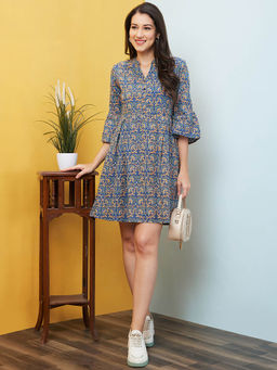 Globus - Women Blue Floral Print Mandarin Collar A-Line Dress