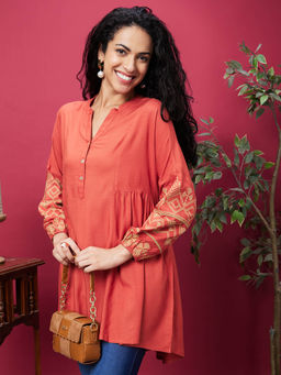 Globus - Women Rust Mandarin Collar Embroidered Bishop Sleeves Asymmetric Hem Oversized A-Line Kurta