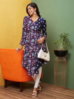 Globus - Women Navy Blue Printed V-Neck Aline Kurta