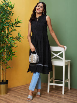 Globus - Women Black Printed Mandarin Collar A-Line Kurta