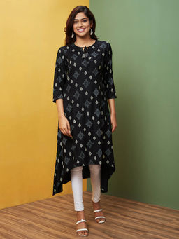 Globus - Women Black Printed Tie-Up Neck A-Line Kurta