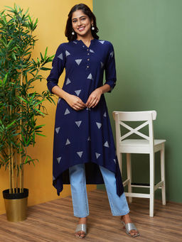 Globus - Women Blue Printed Mandarin Collar A-Line Kurta