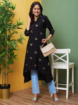 Globus - Women Black Printed Mandarin Collar A-Line Kurta