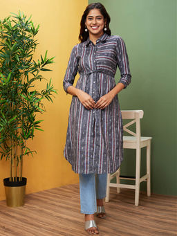 Globus - Women Grey Shirt Collar Regular Kurta