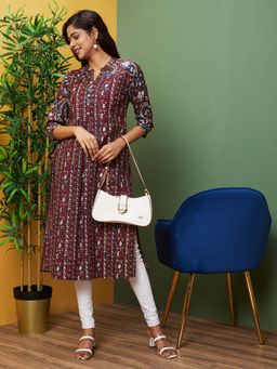 Globus - Women Maroon Allover Printed Mandarin Collar Straight Kurta