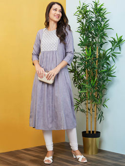 Globus - Women Grey Round Neck Embroidered Yoke A-Line Panelled Kurta