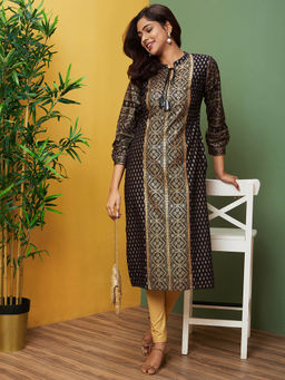Globus - Women Black Printed Tie-Up Neck Regular Kurta