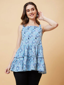 Globus - Women Blue Shoulder Strap Neck Floral Print Strappy Peplum Fusion Tunic