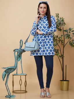 Globus - Women Blue Tiedye Ethnic Print Shirt Collar Tunic