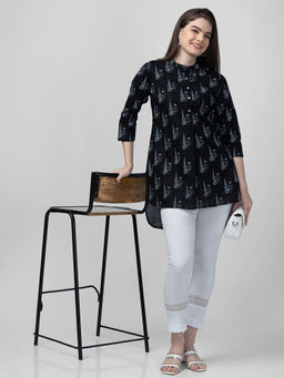 Globus - Women Black Mandarin Collar Printed Tunic